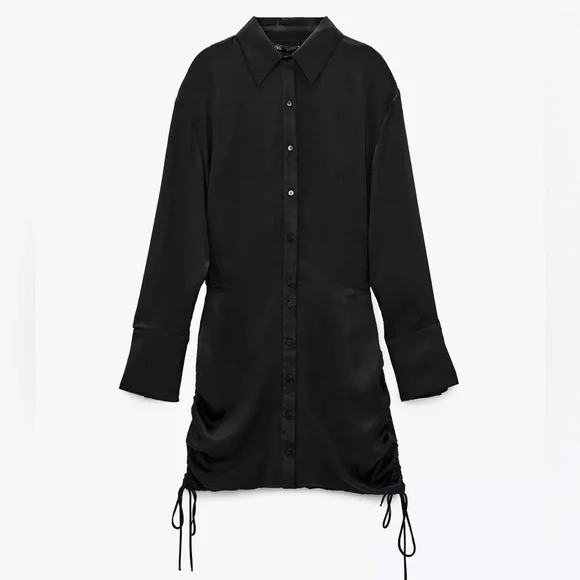 BRAND NEW - Zara Black Draped Ruched Satin Effect Short Shirt Dress - Small - Picture 8 of 11